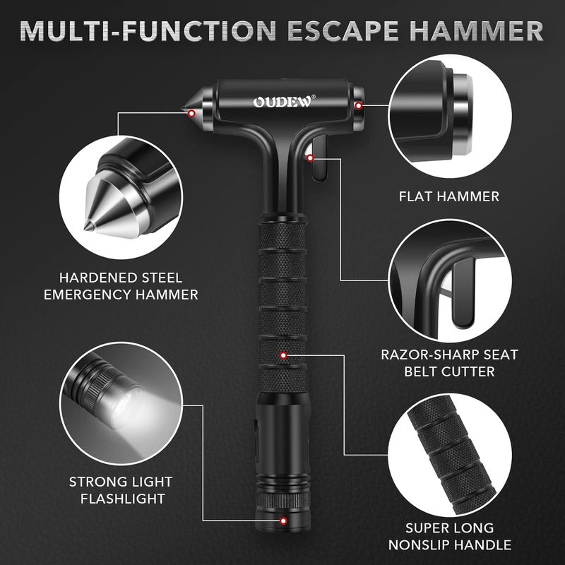 OUDEW Car Safety Hammer, Car Glass Breaker with Seat Belt Cutter, Automotive Escape Tool with Lighting Function, Metal Window Breaker, Emergecy Safety Hammer for Auto Accidents (Black) - Image 2